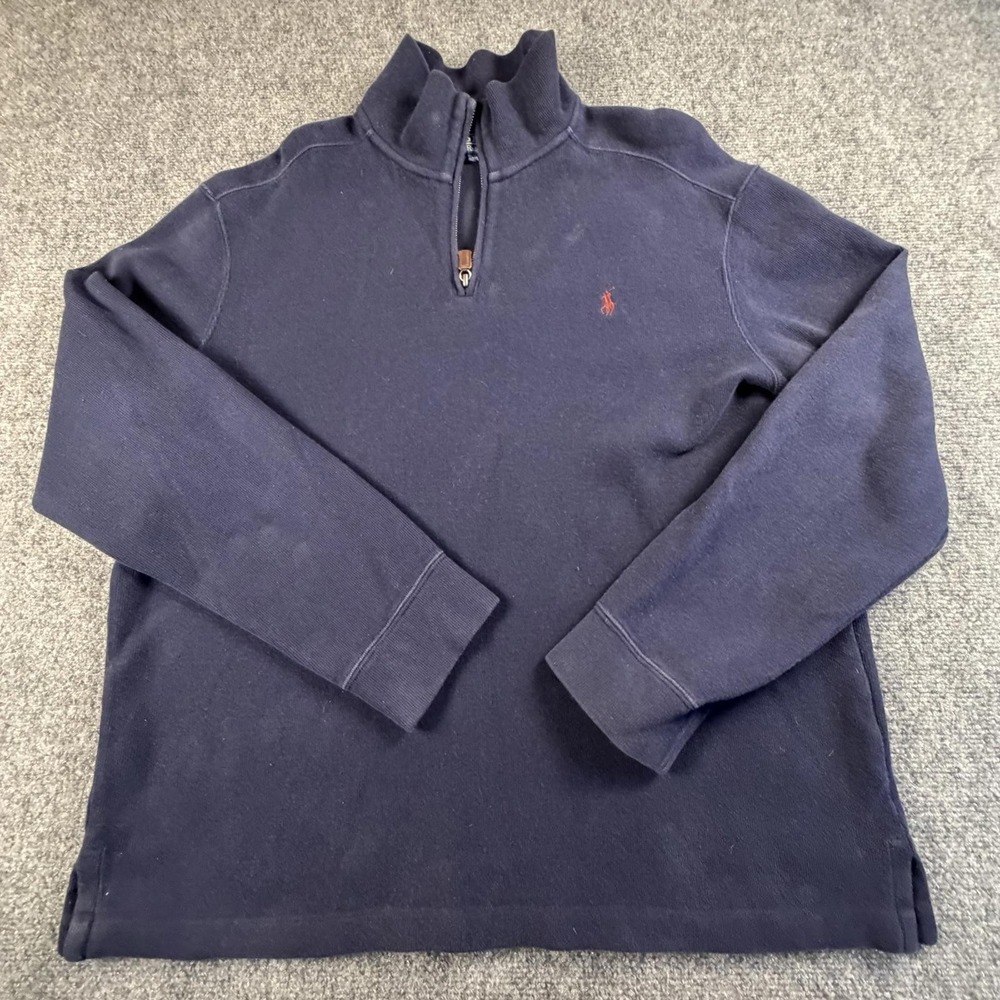 Polo Ralph Lauren Mens Large Navy Blue Ribbed‎ Quarter Zip Pullover Sweater 1383
